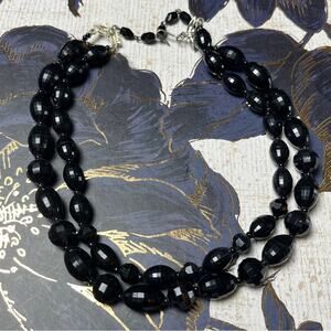 Vintage 40s 1940s Double Strand Faceted Black Beaded Chunky Choker Necklace D2